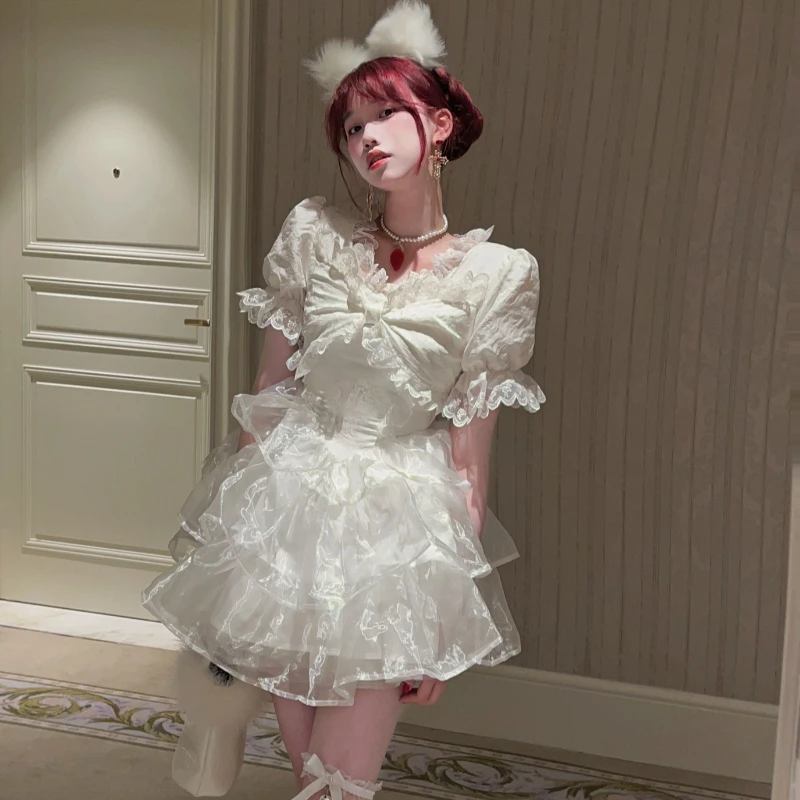 

Sumemr 2022 White Lolita Dress Women Kawai Japan Sweet Cute Lace Bow Mesh Princess Party Mini Dress Female Elegant Fairy Dresses