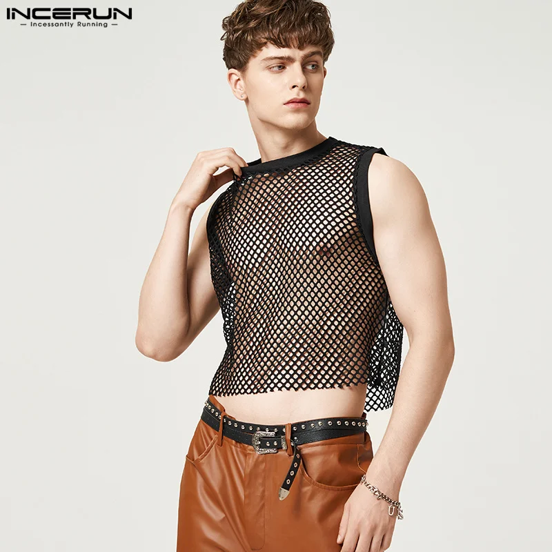 

Майка INCERUN Мужская сетчатая прозрачная, пикантный кроп-топ без рукавов, с круглым вырезом, уличная одежда, дышащая женская одежда, лето 2022