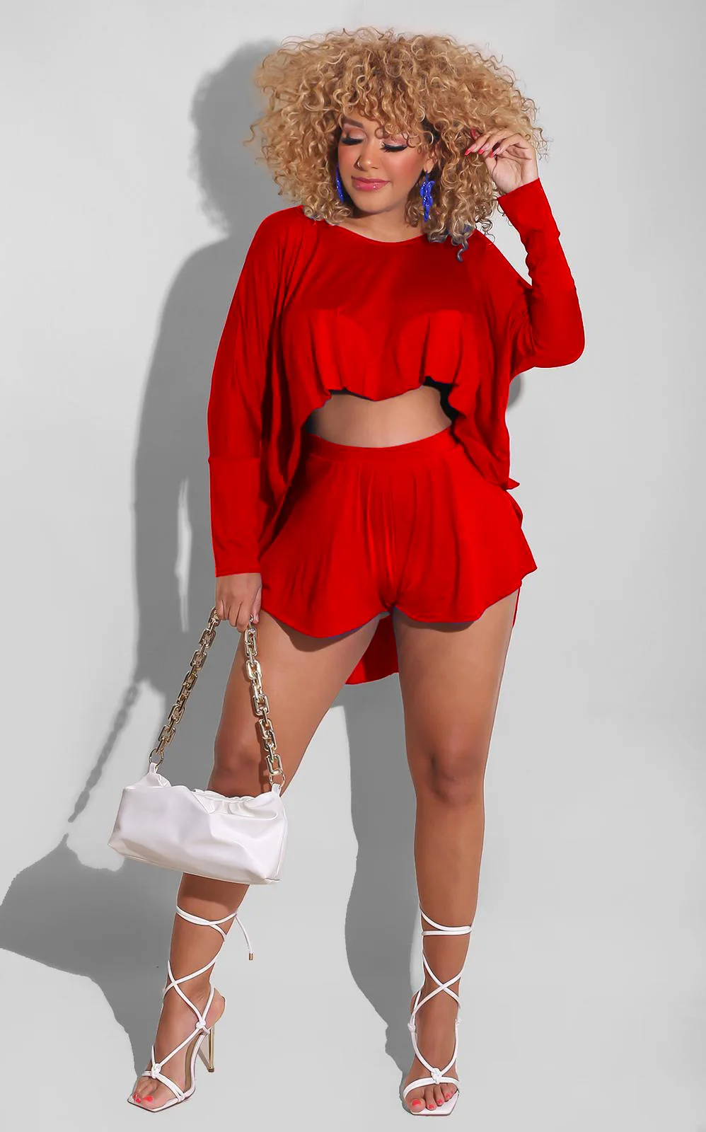 

Fashion Streetwear Set Women Solid Color Crewneck Asymmetrical Long Sleeves + Comfortable Loose Shorts Two-piece Set Womenswear