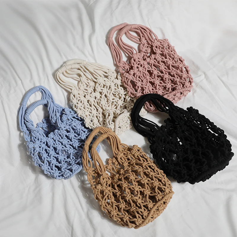 

Fashion Cotton Thread Tote Handbags Solid Color Hollow Out Handmade Woven Crochet Shoulder Bags For Women Summer Beach Bag Ins