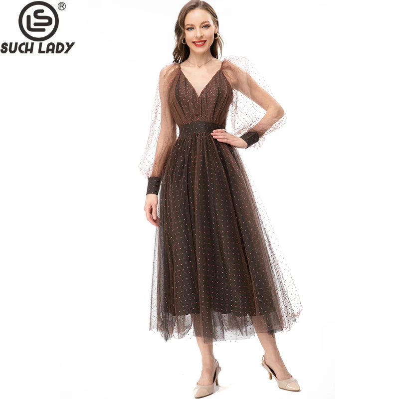 Women's Runway Dresses Sexy V Neck Long Lantern Sleeves Layered Polka Dots Elegant Designer Vestidos