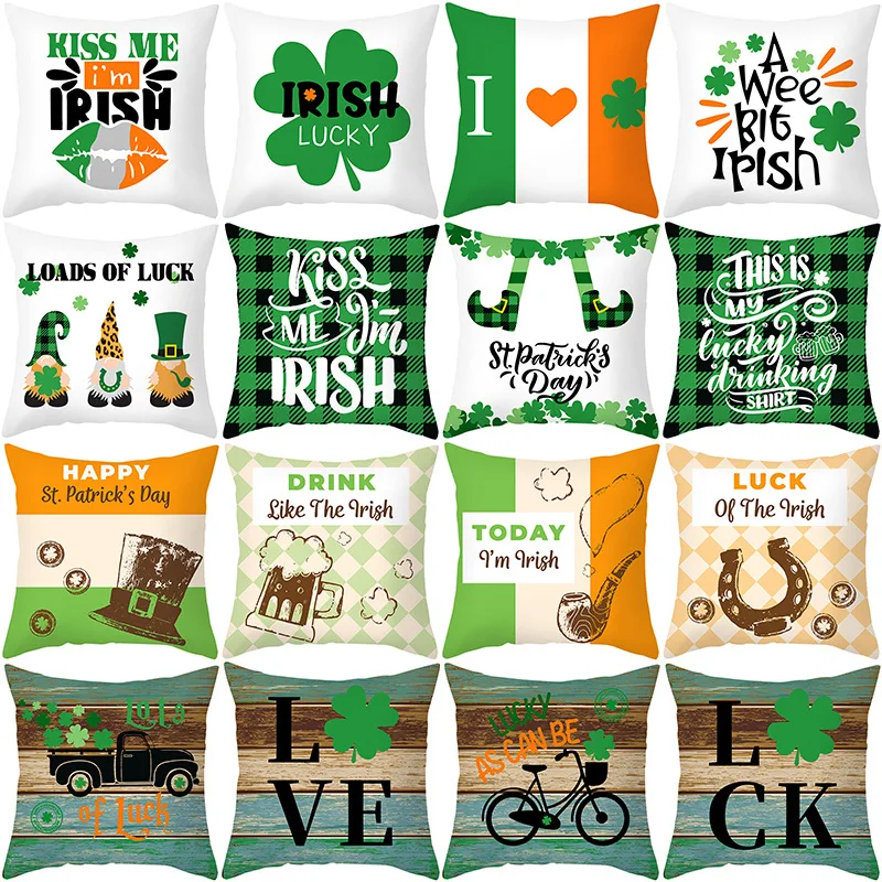 

1pcs Pillowcase St Patrick's Day four-leaf clover Green Cartoon Letter Sofa Cushion Cover Irish National Day Pillow Home Decor