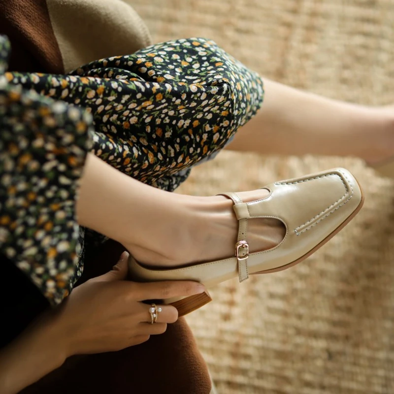 

2022 Spring/Autumn Women Shoes Square Toe Chunky Heel Shoes Split Leather Mary Janes Classics Solid High Heel Pumps Women Pumps