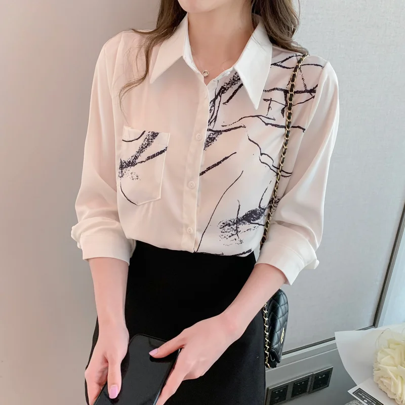 

Chiffon Loose Women's Blouses New Fashion Polo Shirt Printing Spring Casual Long Sleeve Top