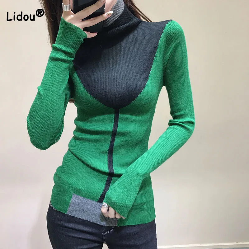 

Fashion Slim Contrast Color Patchwork Knit T-shirt Women's Clothing Trend Long Sleeve Casual Turtleneck Sweaters for Female