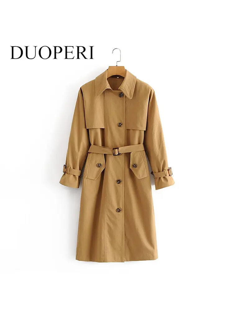 

DUOPERI Women Fashion Solid Double Breasted Trench Coat With Belt Vintage Long Sleeves Notched Neck Windbreaker Female Outfits