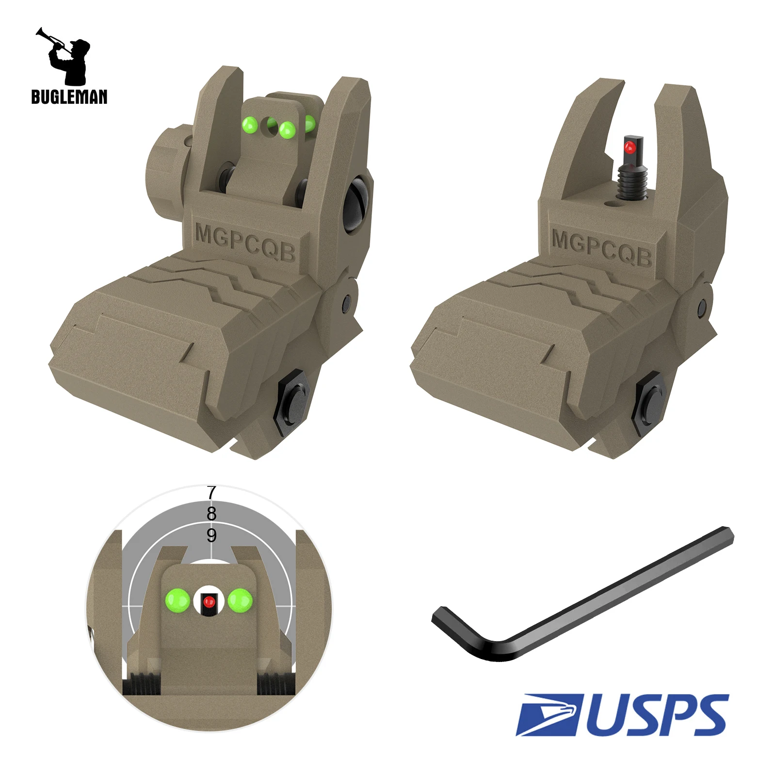 

Bugleman USPS Foldable Fiber Optics Iron Sights Flip-up Front Rear Sights for Picatinny Weaver Rails(Tan)