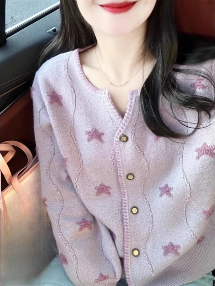 Корейский модный кардиган с пятиконечной звездой жаккардовые однобортные