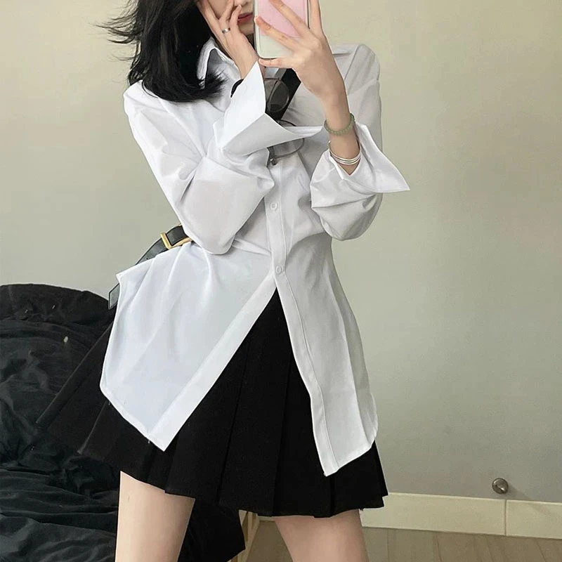 

MEXZT Streetwear Y2K White Tunic Shirts Women Korean Office Lady Long Sleeve Slim Chic Blouses Vintage Casual All Match Tops