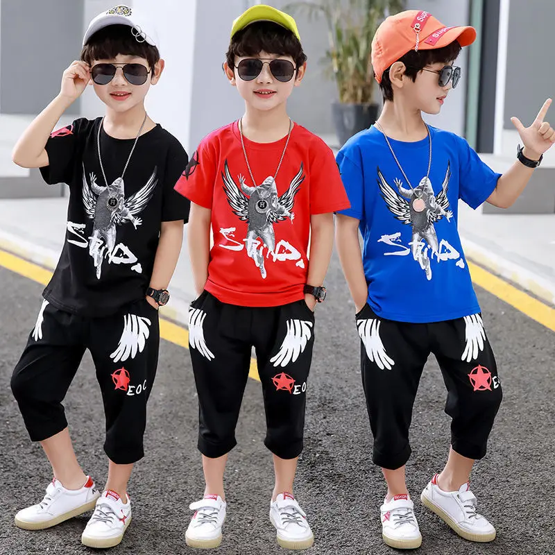 

Boys Summer Suit 2022 Wing Man New Children's Short Sleeve T-shirt + Shorts Clothes Boy Clothing Sets Kids For 4 6 8 10 12 Years