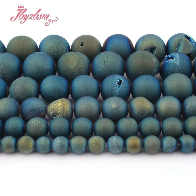 

8,10,12,14mm Round Light Blue Metallic Coated Druzy Agates Stone Beads For Necklace Bracelet DIY Jewelry Making 15"