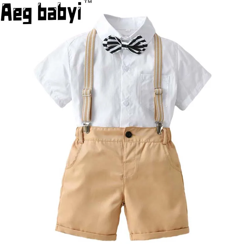 

Комплект одежды для мальчиков, рубашка с коротким рукавом и бабочкой + шорты, джентльменский костюм из 2 предметов, наряд для маленьких мальчиков на свадьбу и вечеринку, лето