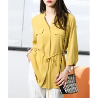 2022 new natural silk high quality woman shirts v neck three quarter sleeve office lady solid korean fashion single breasted