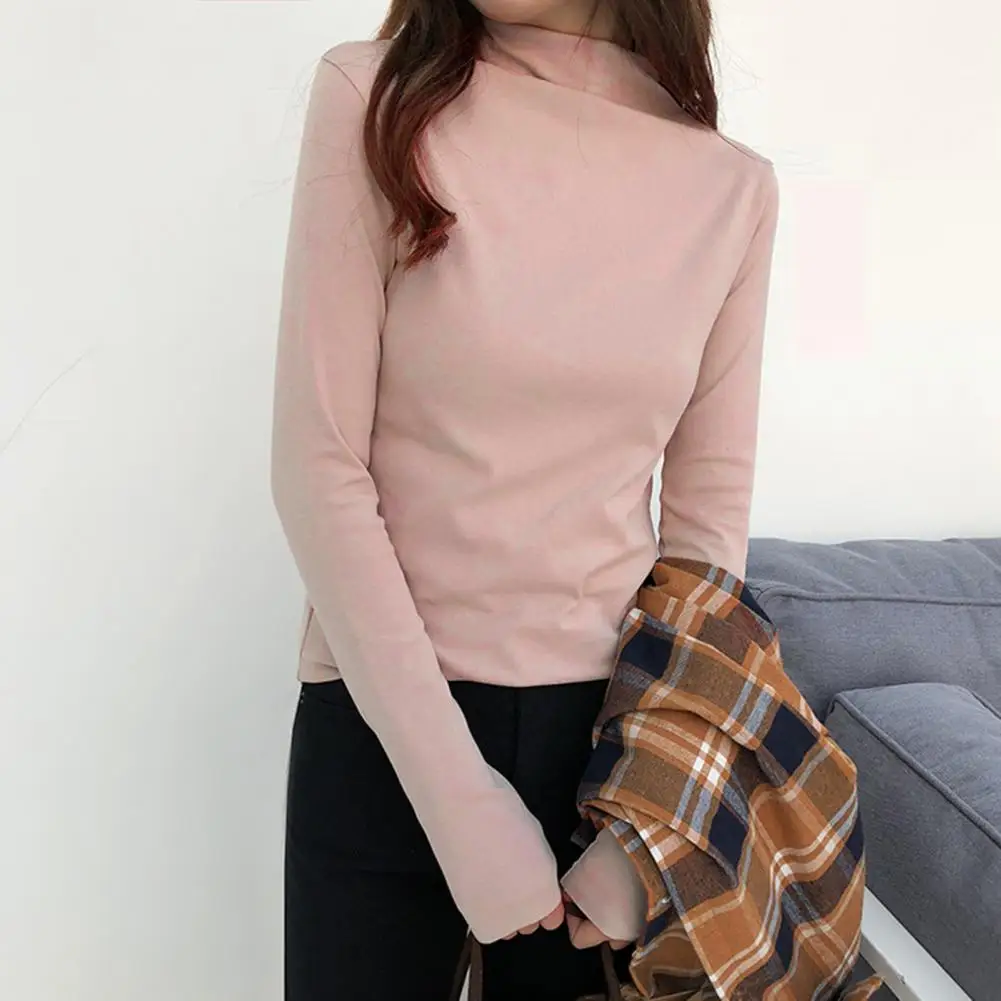 

Women Base T-shirt Solid Color Half High Collar Long Sleeves Soft Pullover Keep Warm Basic Slim Fit Winter Top Women Daily Wear