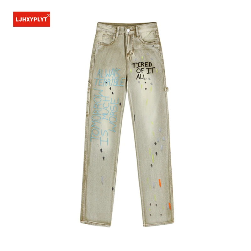 

Yellow Jeans Women's Spring Design Splashed Ink Graffiti European American Hot Girls Straight Denim Pants Retro Trousers Female