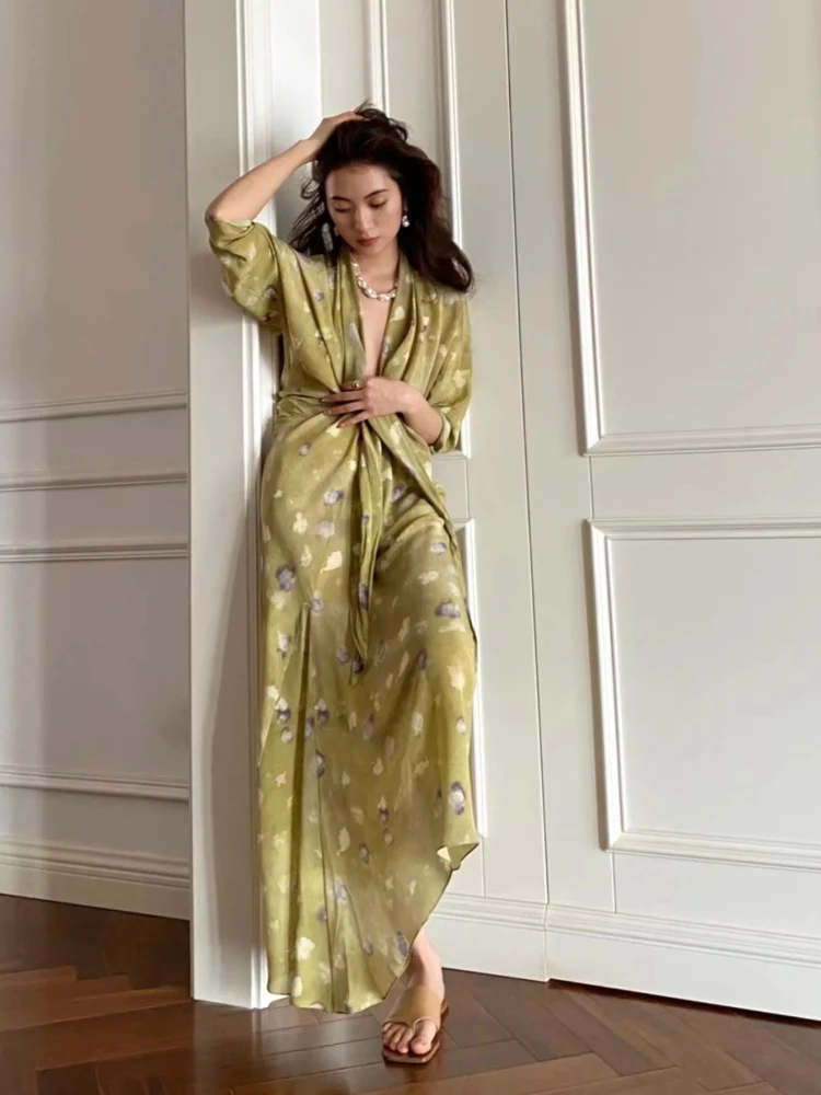 

2023 Spring Summer New Floral Silk Tie Waist Women Dress