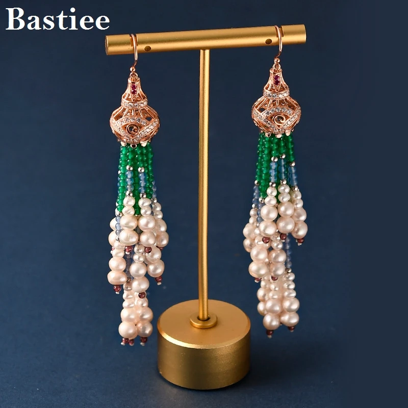 

Bastiee Rose Gold Earrings for Women Silver 925 Ethnic Vintage Long Tassel Agate Freshwater Pearl Aretes De Mujer