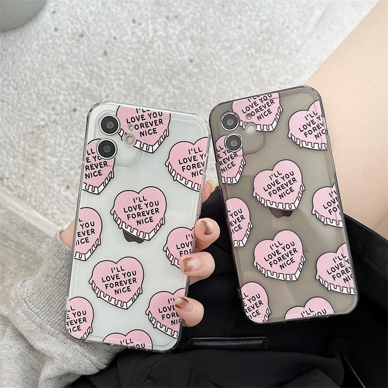 

For iphone 11 12 13 Pro Max XR X Xs 6 7 8 Plus Phone Case Creative Personality Cartoon Cream Heart Cake Letter Transparent Shell