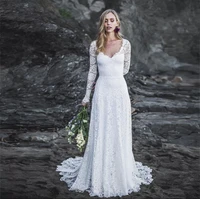 aviana elegant lace wedding dress 2022 a line long sleeve v neck backless tulle sweep train bridal gown vestidos de noiva