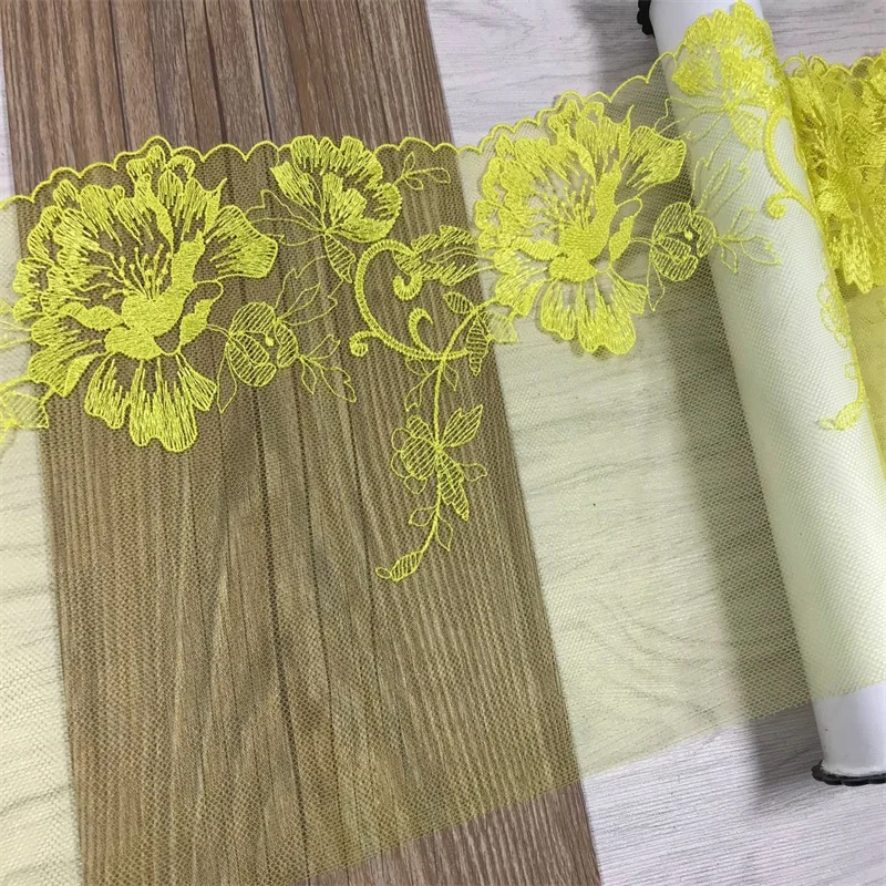 

2Yards Bright Yellow Embroidery Tulle Lace Trim DIY Bra Sewing Crafts Soft Mesh Floral Embroidery Lace for Clothes Needle Work