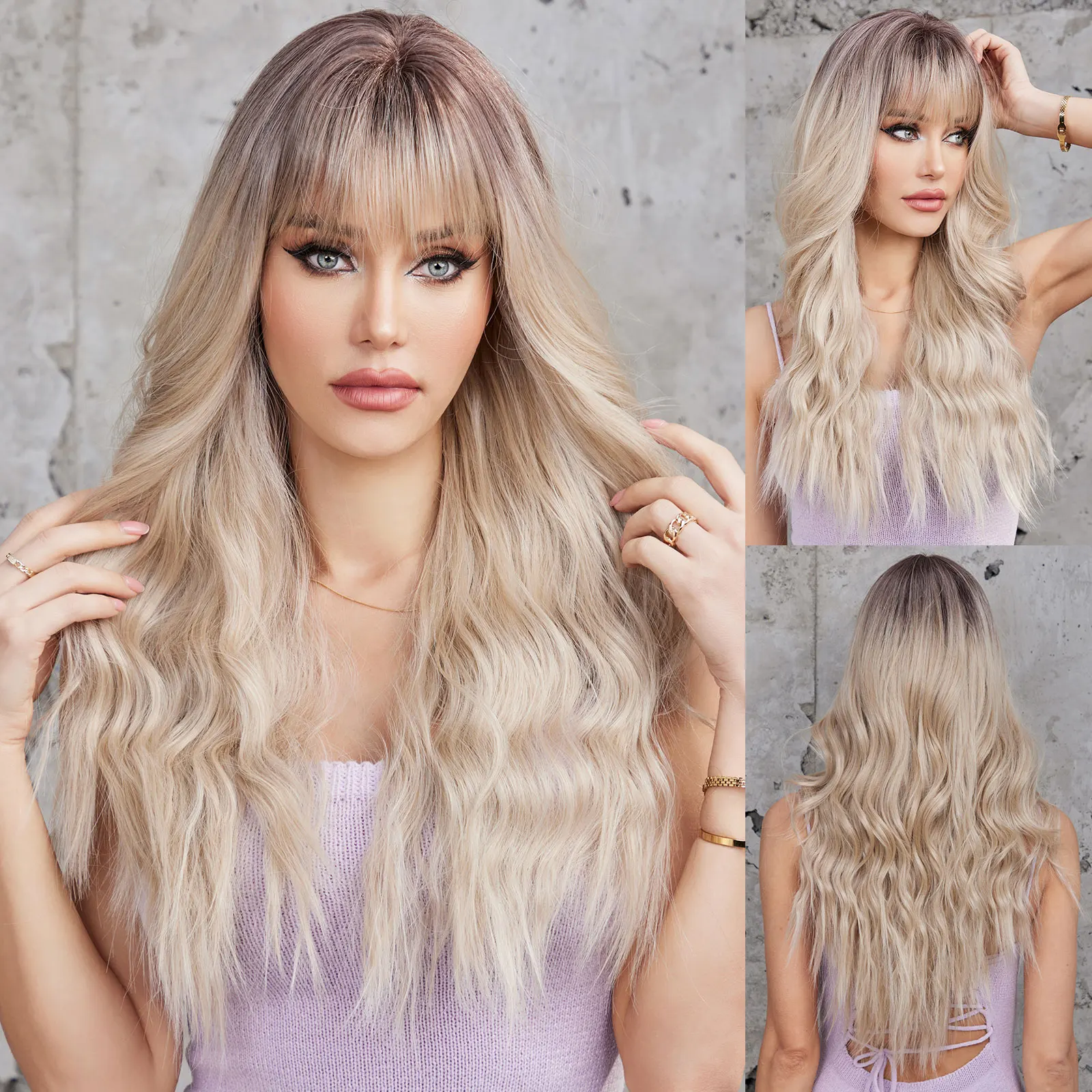 ESIN Платиновая Блондинка Длинный Волнистый Синтетический Парик С Челкой