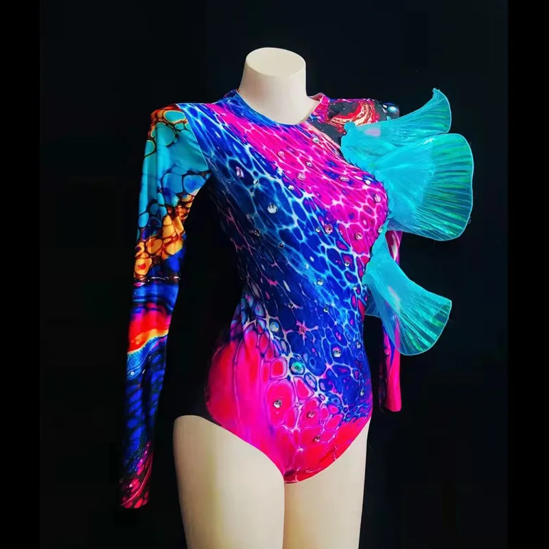 Боди с мигающими стразами и принтом DJ Singer костюм для латинских танцев на пилоне