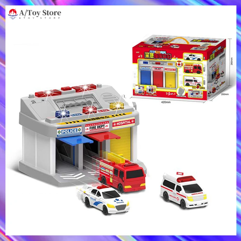 

Children Fire Rescue Center School Bus Command Station Toy Car Set Police Car Ambulance Fire Truck School Bus Parking