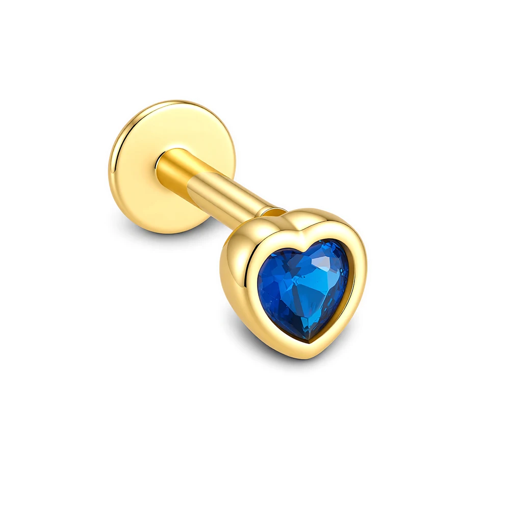 Серьга-гвоздик из стерлингового серебра 925 пробы с позолотой 14K, в форме сердца, с синим фианитом, плоская, для пирсинга хряща (art.: 3920dba0cfcc0) - 3920dba0cfcc0