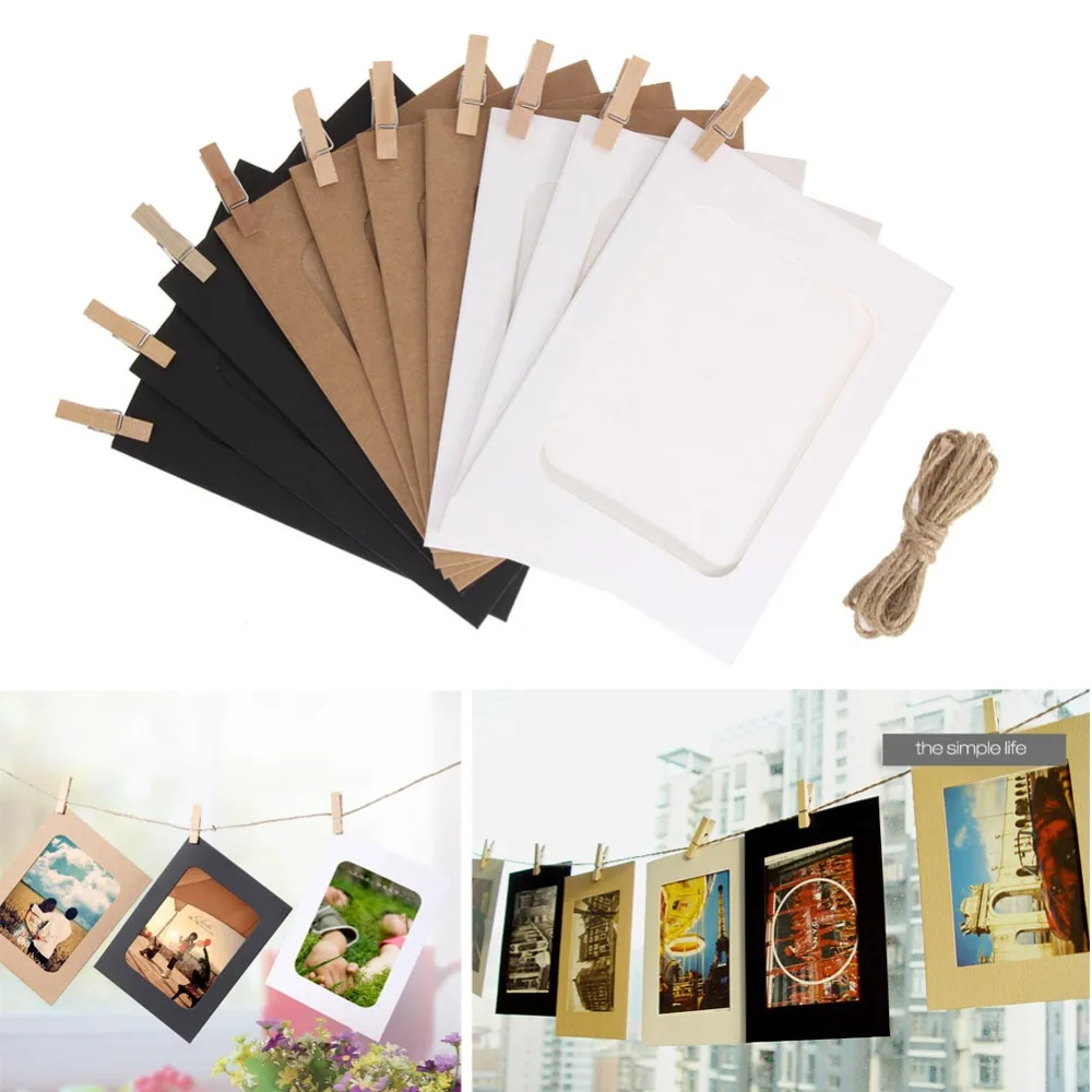 

10 Pcs Combination Paper Frame with Clips DIY Kraft Paper Picture Frame Hanging Wall Photos Album 2M Rope Home Decoration Craft