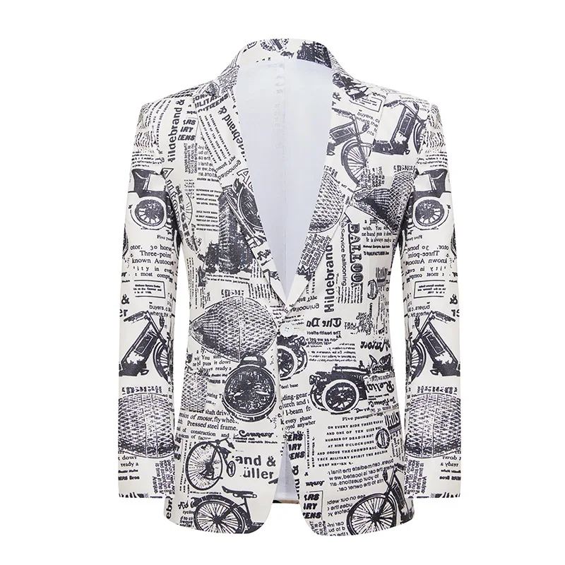 

Stylish Newspaper Print Suit Jacket Men Brand One Button Slim Fit Dress Blazers Mens 80's Party Stage Prom Wedding Costume Homme