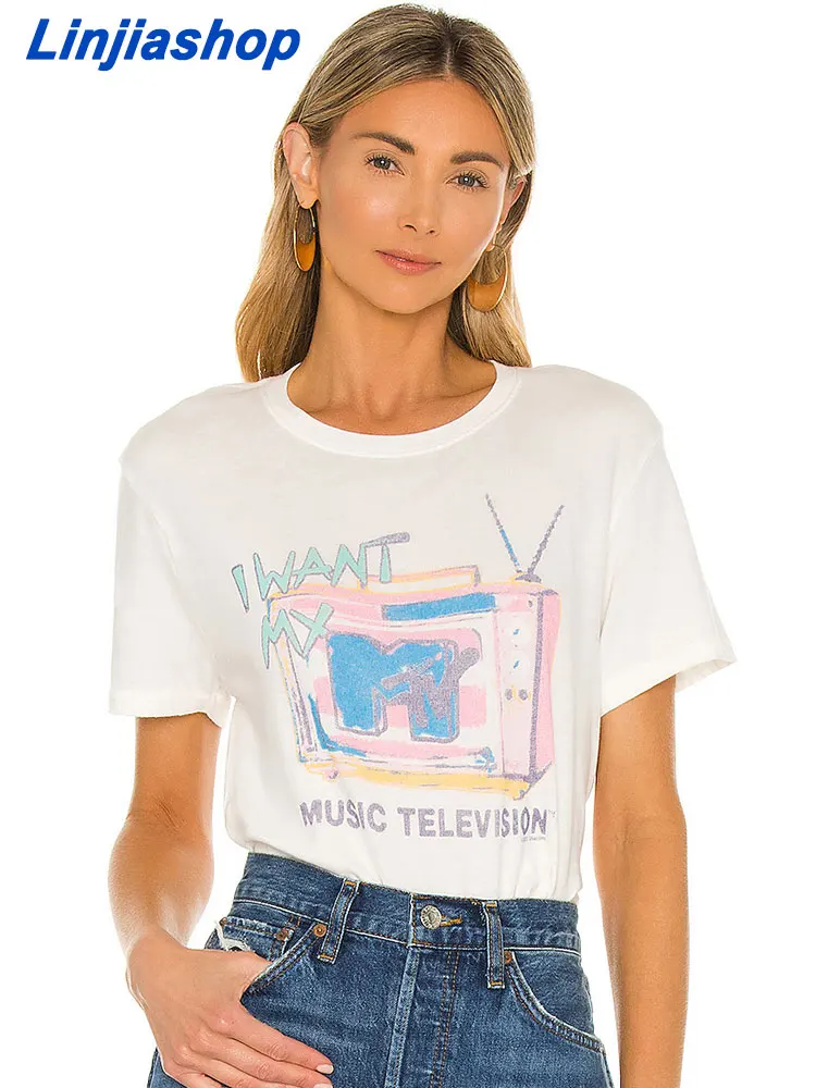 

Футболка женская оверсайз с круглым вырезом, уличная одежда с принтом, топ с коротким рукавом, Повседневная Свободная рубашка с мультяшным ...