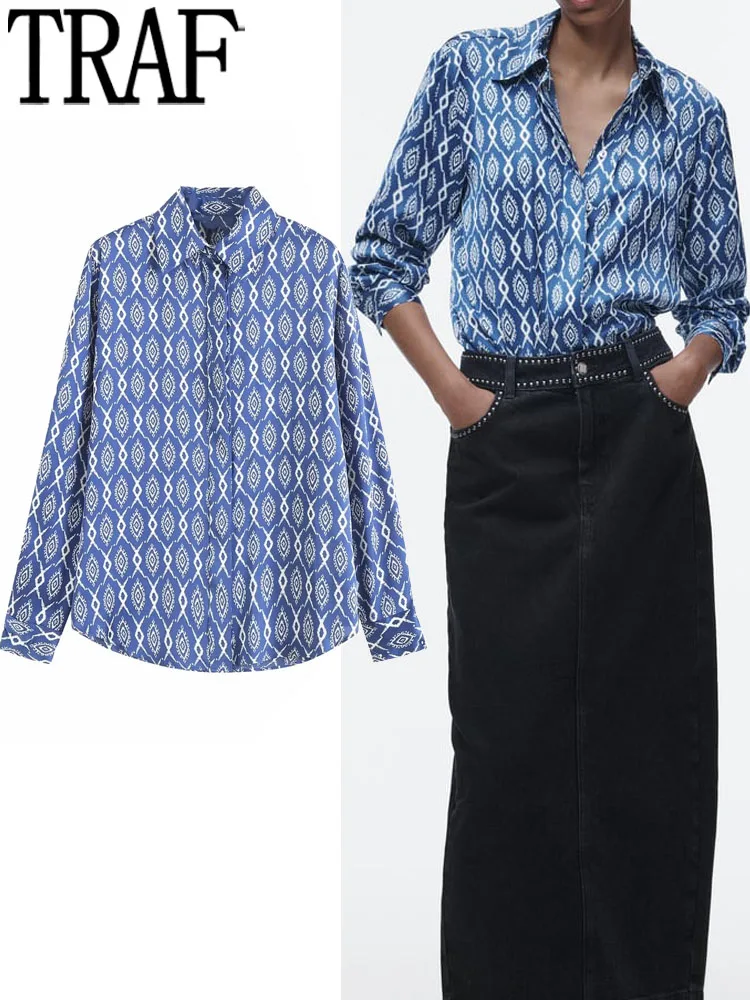 

TRAF Blue Satin Shirt Woman Printed Vintage Button Up Shirt Women Streetwear Fashion Woman Blouses 2023 Spring Long Sleeve Top