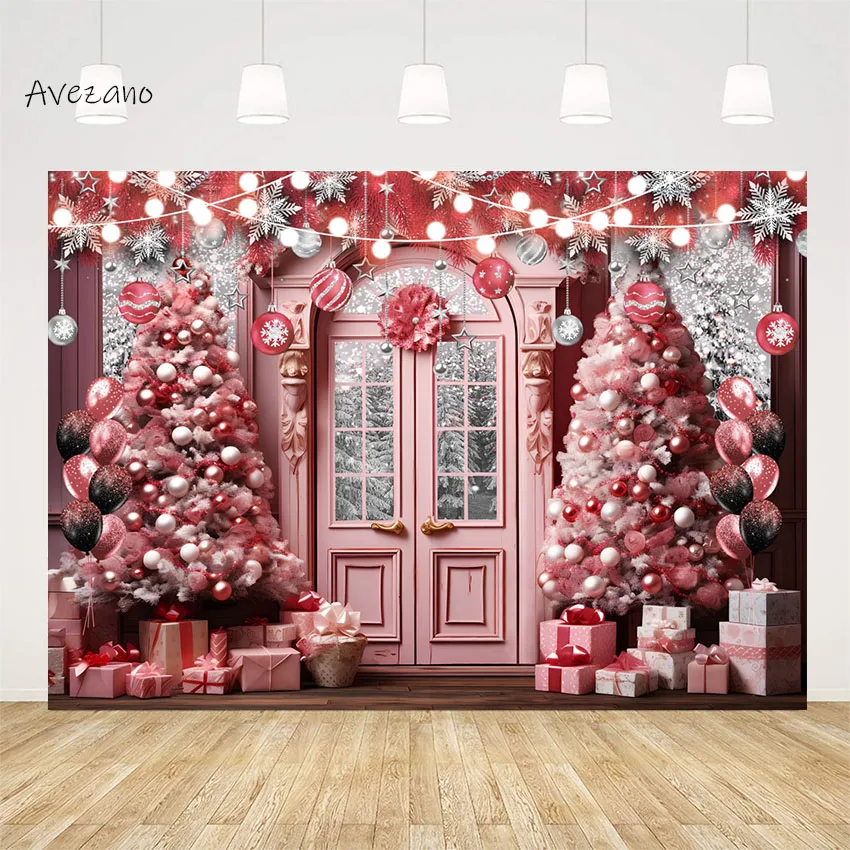 

Avezano Photography Background Pink Christmas Trees Gifts Arch Door Winter Snow Kids and Famil Portrait Photocall Photo Studio