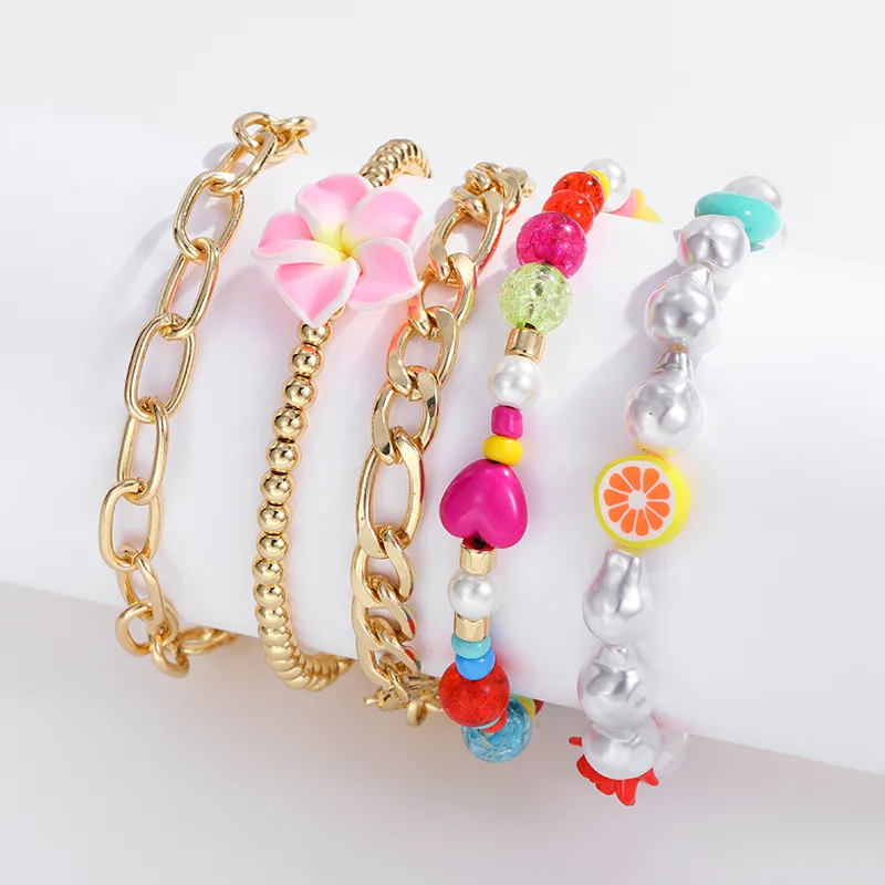 

5pcs/set Fruits Bracelet Gold Original Handmade Beaded DIY Fruit Charms Mixed Bracelet Set Copper Jewellery Sets for Women Gift