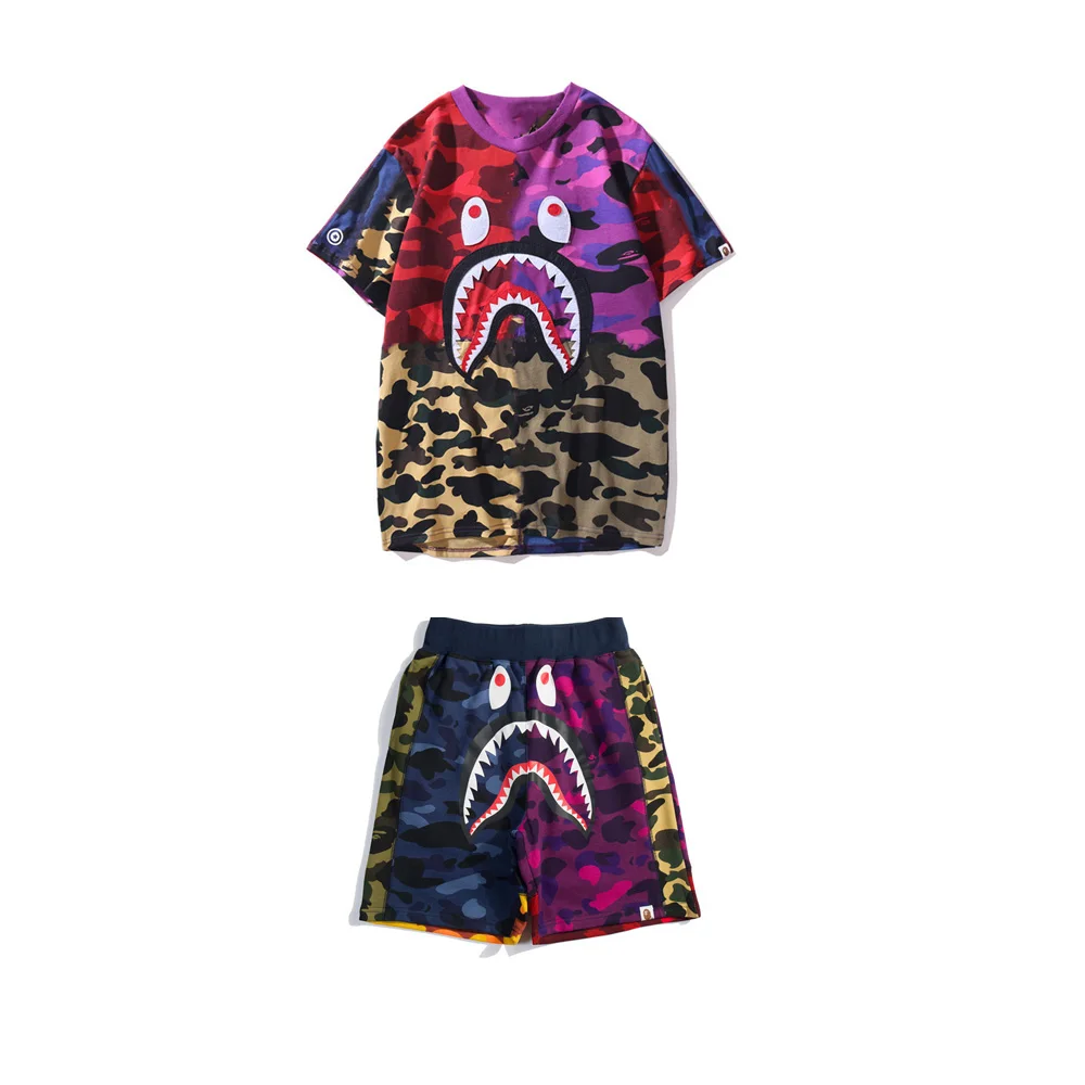 

2023 Summer Men's T Shirt Sets 3D Printing Shark Breathable Casual Tracksuit Fashion Casual Short Sleeve Set Sandy Beach Suit