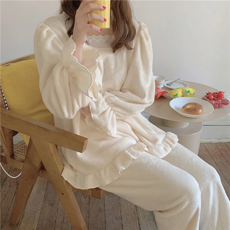 Sweet Pajamas Set Lace Bow Cute Sleepwear For Women Pyjama Women's Flannel Full-Sleeve Fashion Princess Style Homewear Plus Size