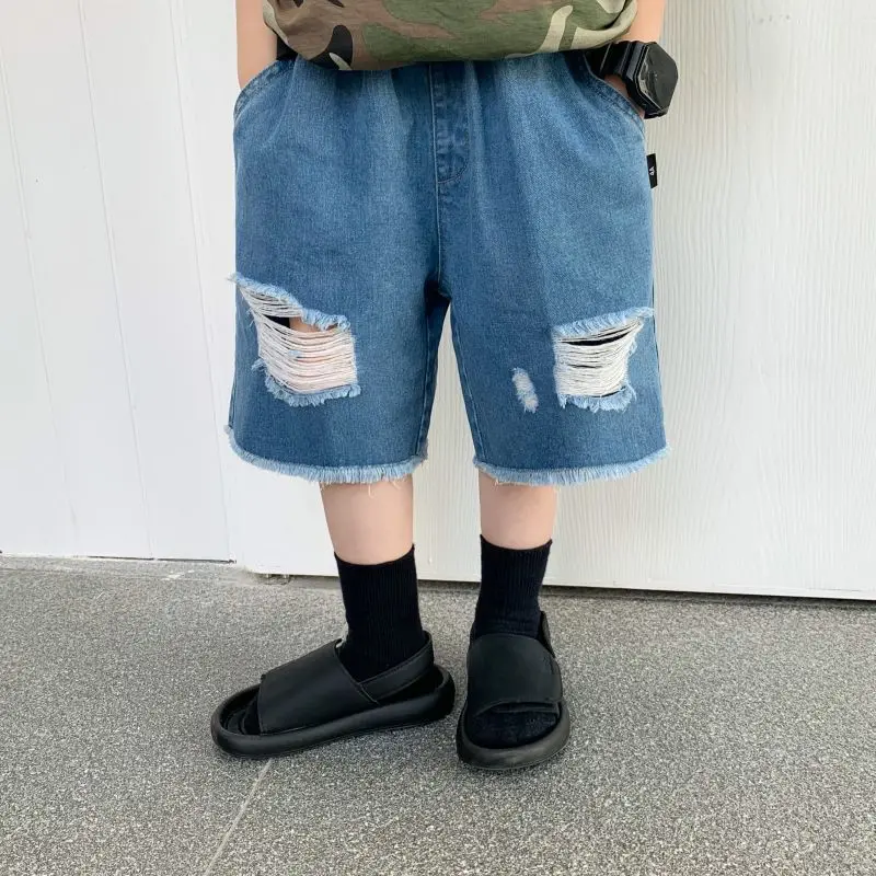 

Summer Boys' Perforated Denim Shorts Korean Children's Middle Pant Kids Soft Loose Knee Length Pants