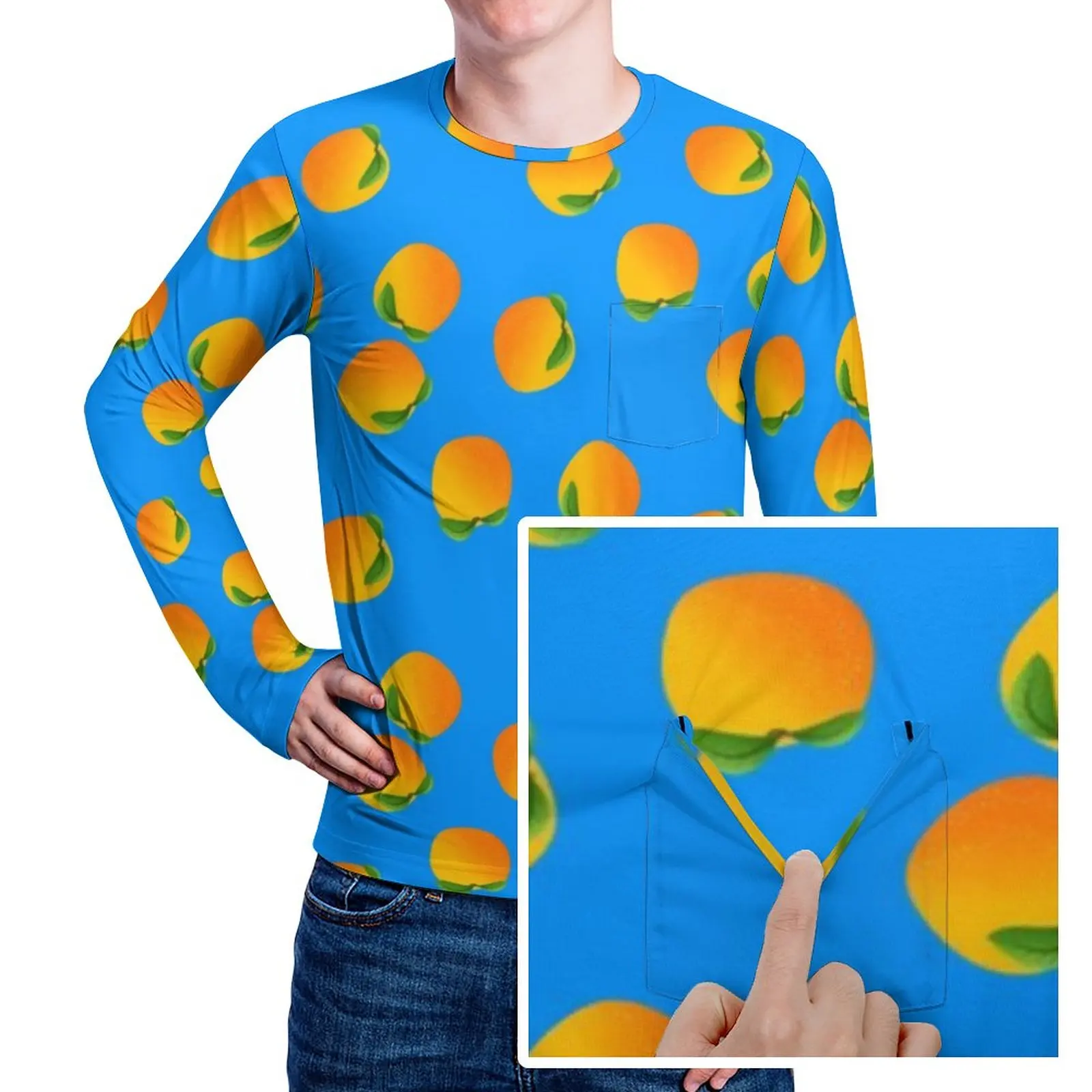 

Яркая футболка с изображением апельсинов и карманом, футболки в стиле хип-хоп с фруктовым принтом, Мужская забавная футболка, футболки с дли...