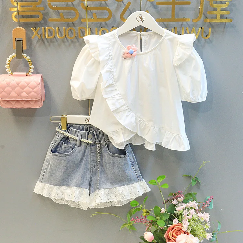 

Kids Set New Summer Girls Fashion Short Sleeve Blouse Top Denim Lace Shorts Korean Style Toddlers Casual Pants Jeans 2pcs 2-7Y
