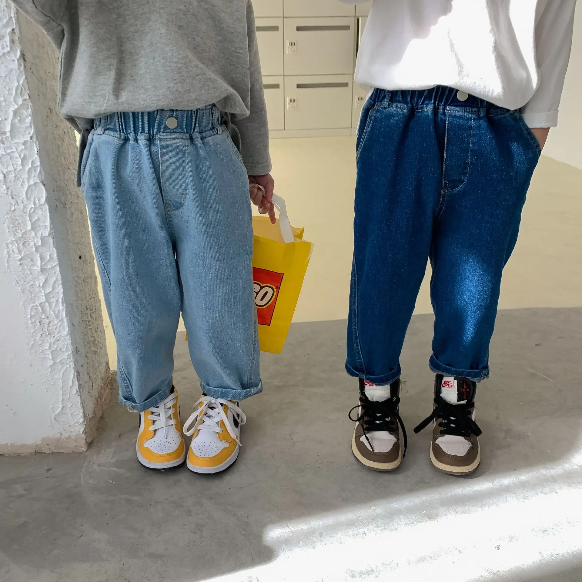 

Джинсы унисекс эластичные однотонные, Свободные повседневные универсальные брюки из денима для мальчиков и девочек, весна-осень