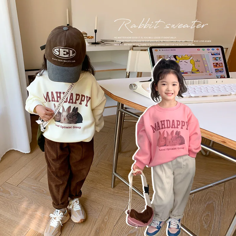 

Мила Чоу 2022, зимний свитер для девочек с мультяшным Кроликом, детский пуловер с толстой плюшевой подкладкой и круглым вырезом, детский хлопк...