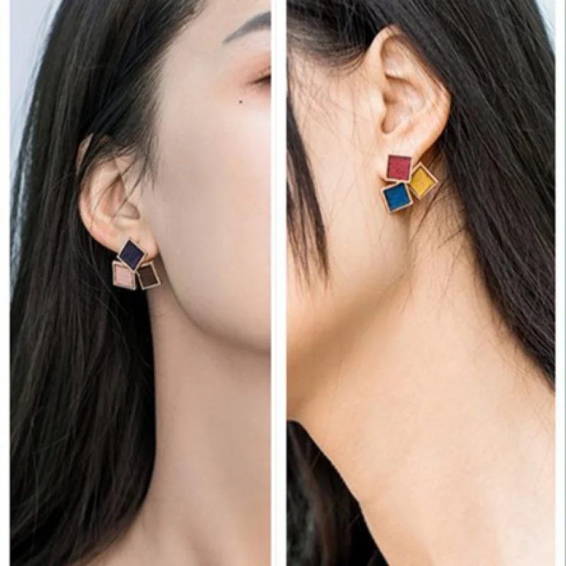 

Korean Style Geometric Square Stitching Contrast Color Ear Studs Girl's Heart Mini Texture Hipster Earrings for Women