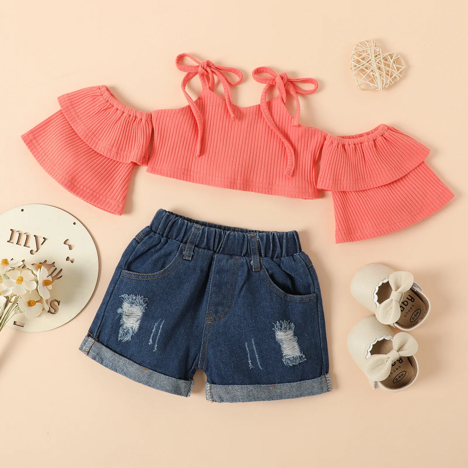 

Toddler Kids Baby Girls Strap Off Shoulder Ribbed Short T Shirt Tops Denim 3 Piece Little Character Set Sweat Outfits for Kids