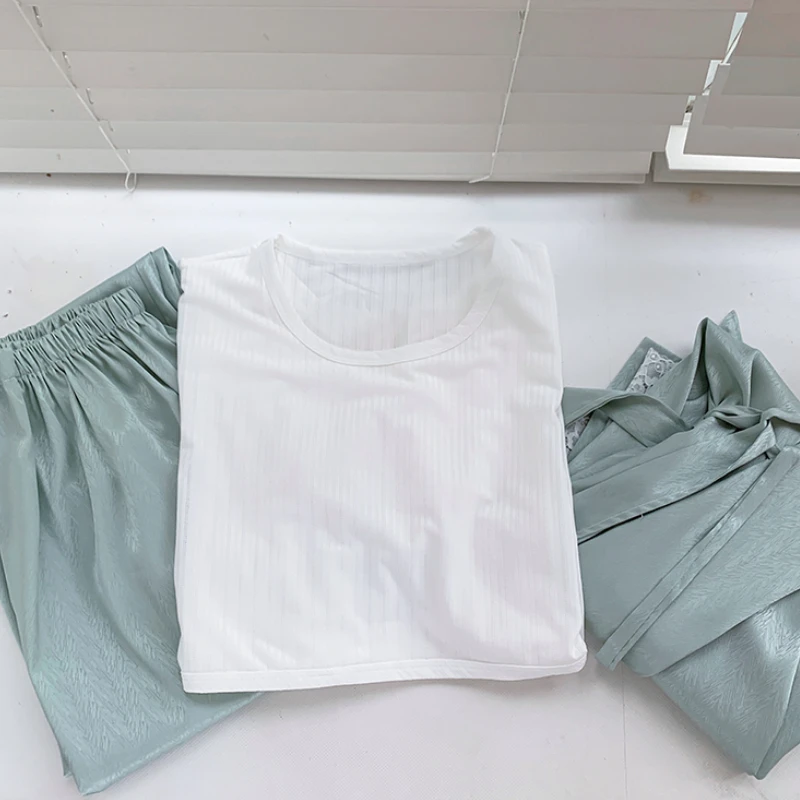 3PCS/Set Pregnant Women Breastfeeding Pajamas Solid Lace Pregnancy Clothes Nursing Nightwear Adjustable Waist Top Pants Robe enlarge