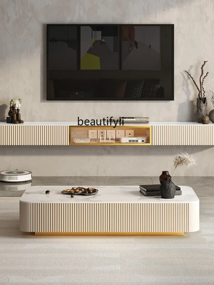 

lt Light Luxury Stone Plate Hanging TV Stand Coffee Table Combination Modern Simple Small Apartment Wall-Mounted