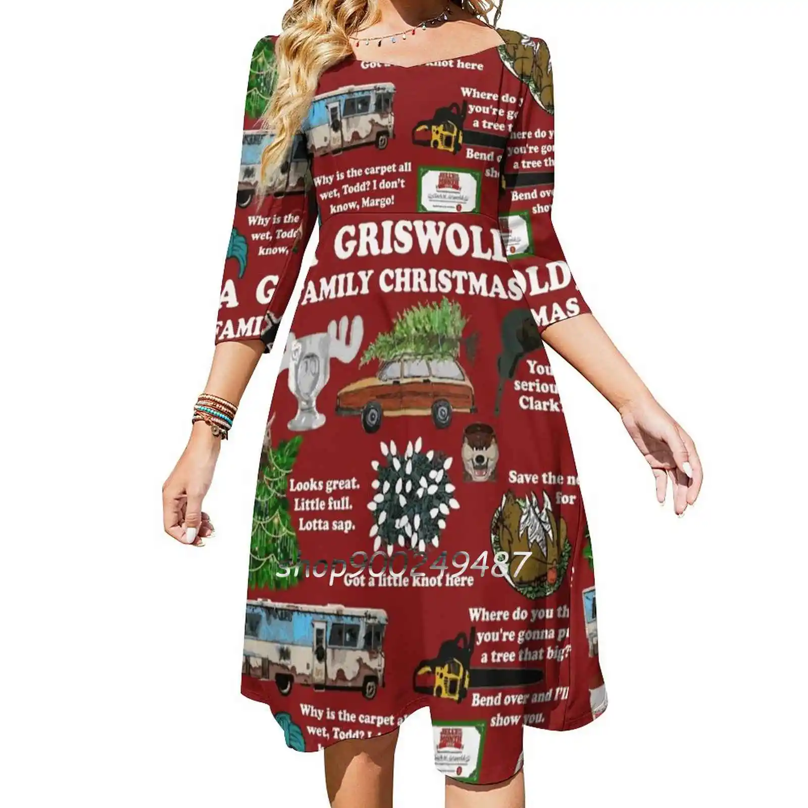 

Christmas Vacation Collage Flare Dress Square Neck Dress Elegant Female Fashion Printed Dress Christmas Vacation National