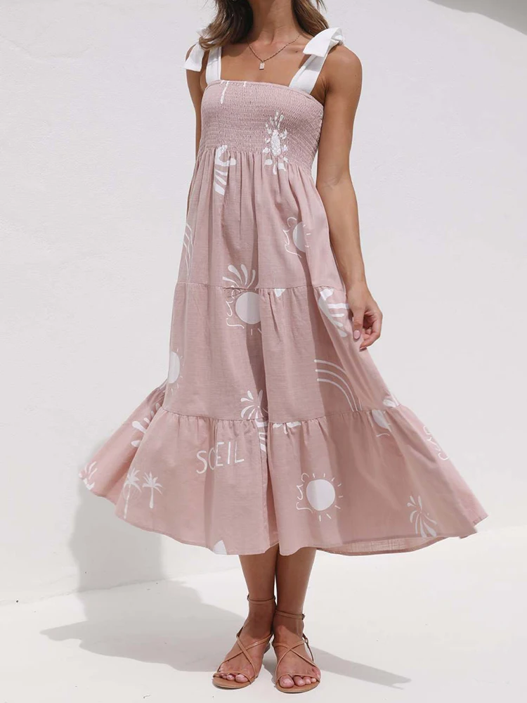 

Jastie/Модное Длинное платье без рукавов с галстуком-бабочкой, летнее розовое Плиссированное Платье с принтом, женские свободные костюмы 2023