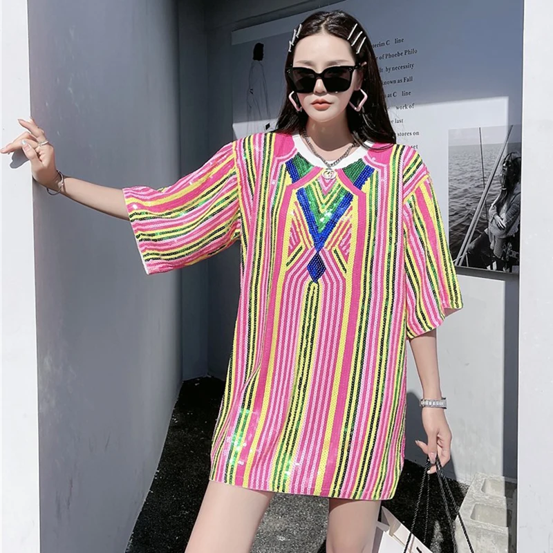 

Gradient Style Designer Sequins T-Shirt Women Novelty Streetwear Casual Summer Tops Short Sleeve Loose Tee