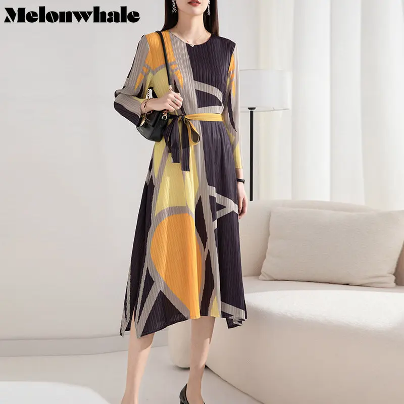 

MelonWhale Women Pleated Long Elegant Dress Casual Belted New Round Neck Long Sleeve Loose Fit Fashion Tide Spring Summer 2023