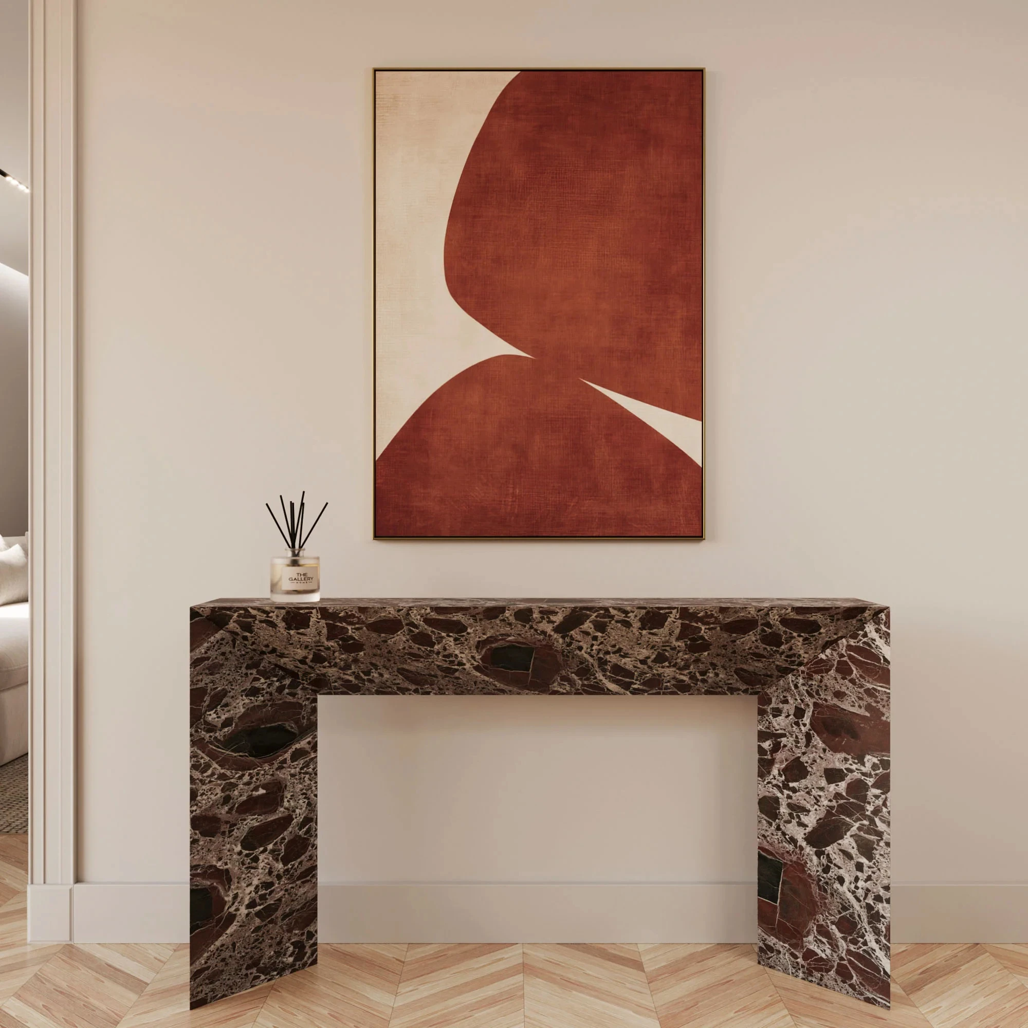 Фото Консольный стол из мрамора Camilla Rosso Levanto/Beige Travertine/Arabescato White - для отелей и вилл, с возможностью индивидуального размера, легко чистится №1